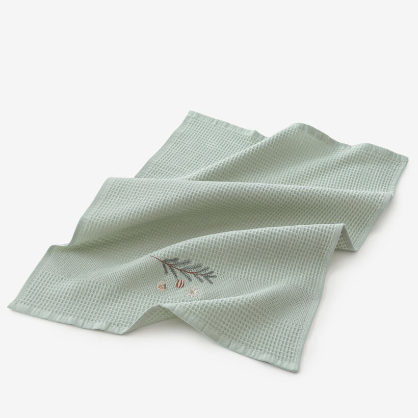 Waffel-Geschirrtuch mit Weihnachtsstickerei - Kugeln am Zweig auf Salbeigrün