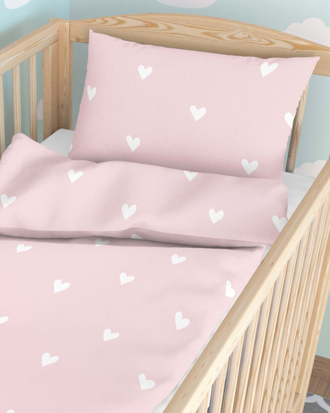 Bettwäsche für Babybetten aus Baumwolle - Herzchen auf Puderrosa