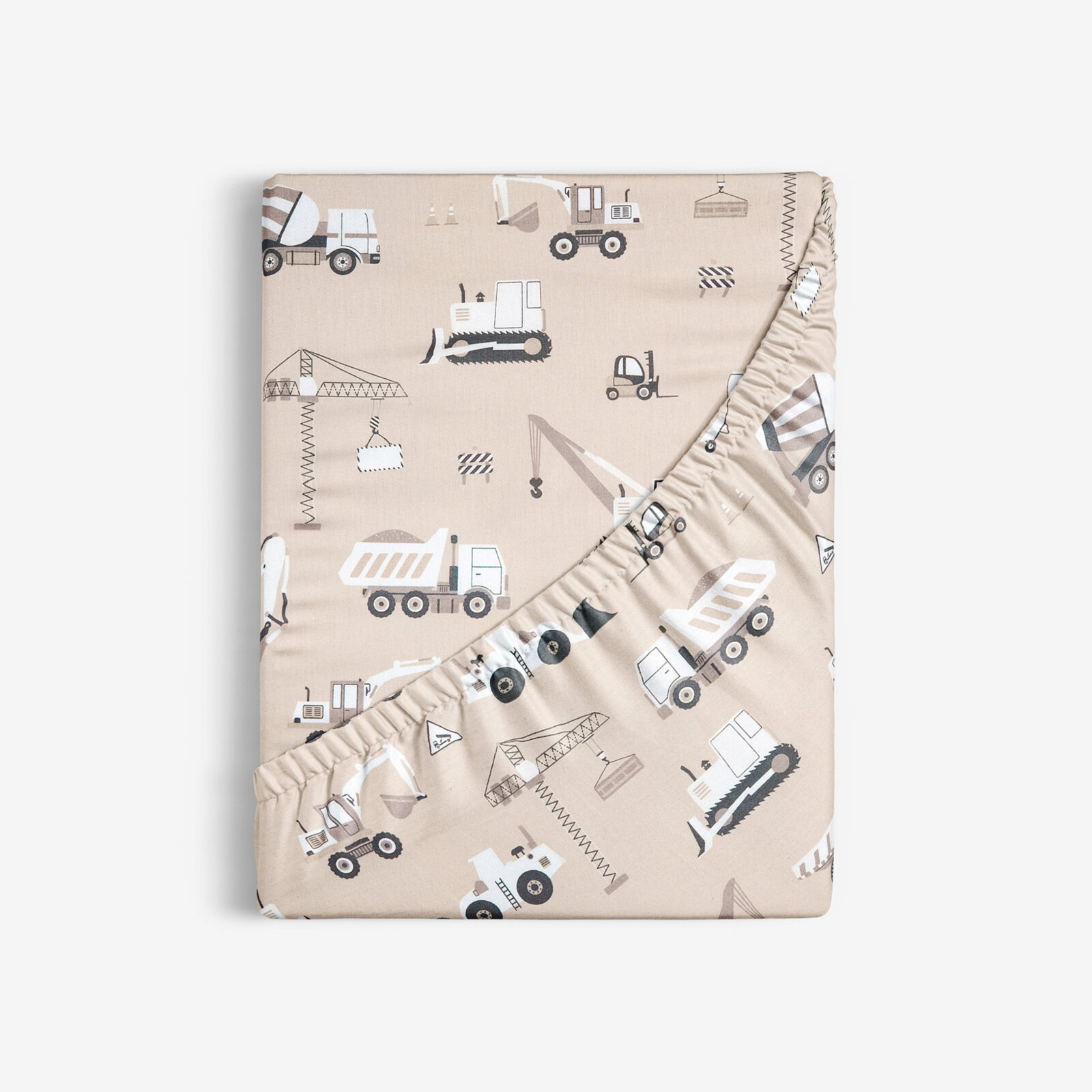 Kinder-Spannbetttuch aus Baumwolle - Lastwagen und Bagger auf Beige