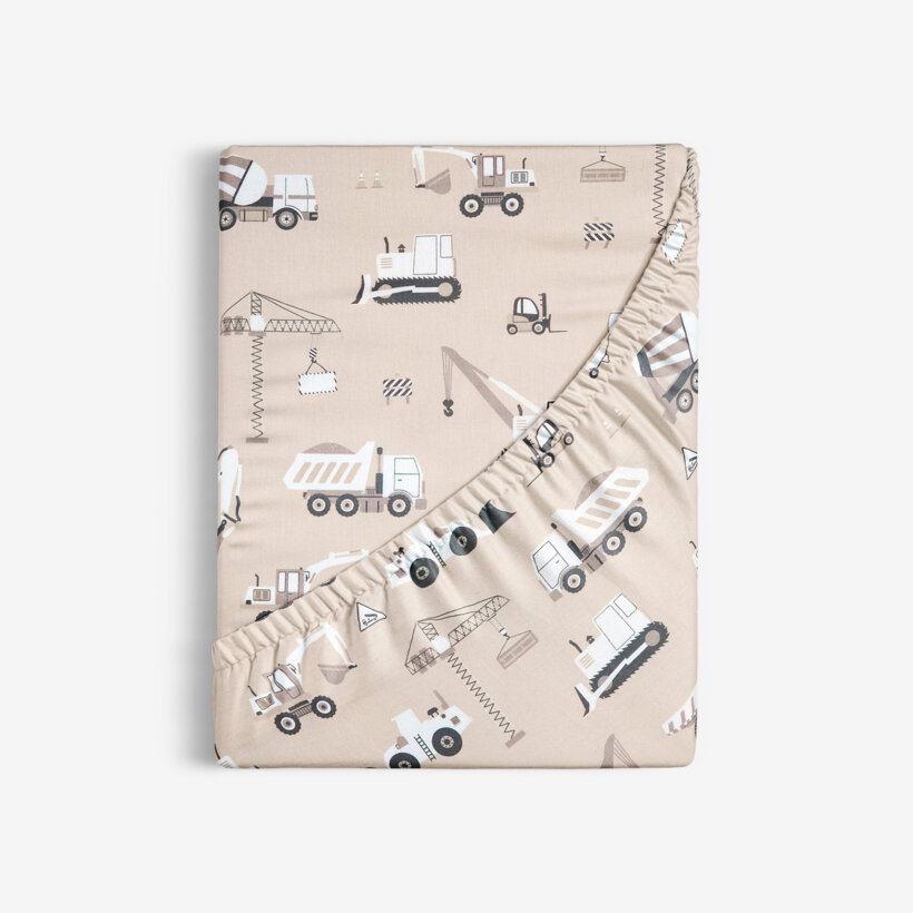 Kinder-Spannbetttuch aus Baumwolle - Lastwagen und Bagger auf Beige