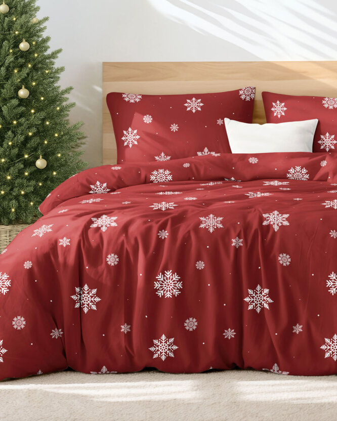 Weihnachtlich Bettwäsche aus Baumwolle - Schneeflocken auf Rot