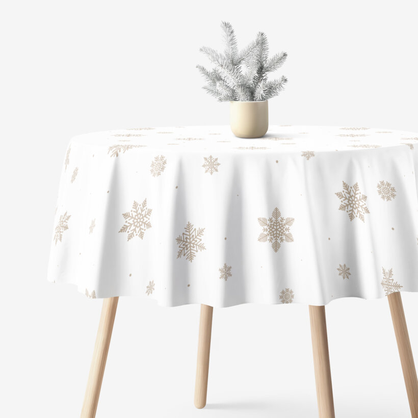 Runde Weihnachts-Tischdecke 100% Baumwolle - Schneeflocken auf Weiß