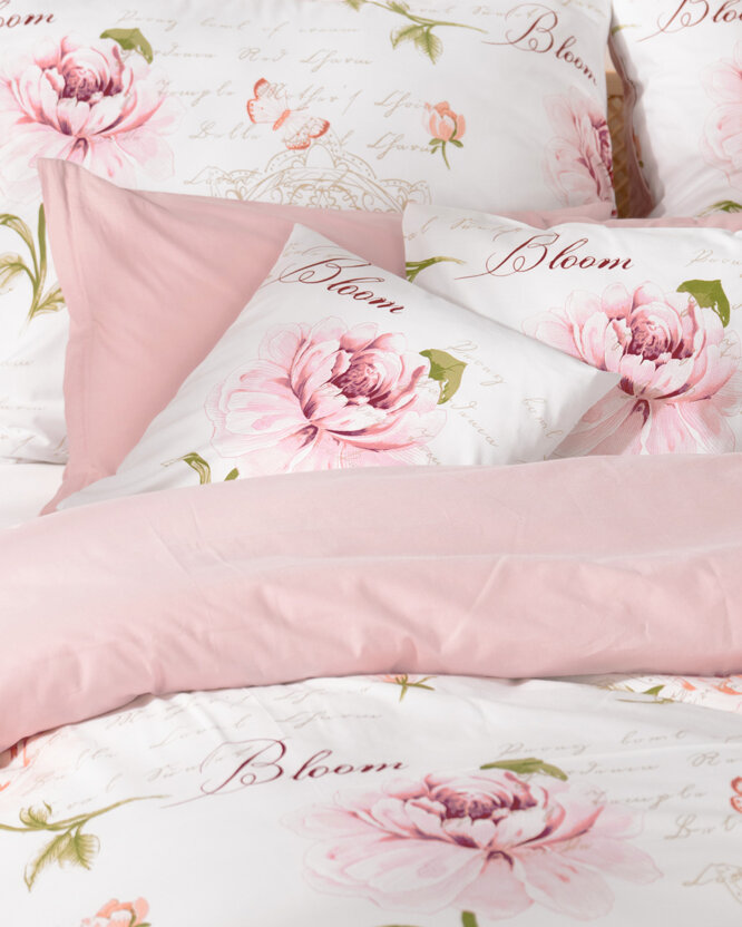 Bettwäsche aus Baumwolle Duo - Pfingstrosen und Schriftzügen mit Puderrosa