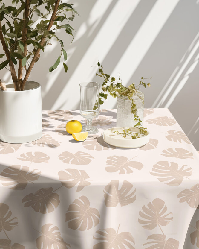 Eckige Tischdecke 100% Baumwolle - Tropische Blätter auf Beige