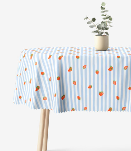 Ovale Tischdecke Teflon - blaue Streifen mit Erdbeeren