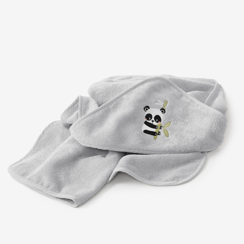 Frottee Babybadetuch mit Kapuze - Panda auf Hellgrau