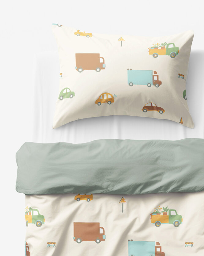 Kinder-Bettwäsche aus Baumwolle Duo - Welt der Autos mit Salbeigrün