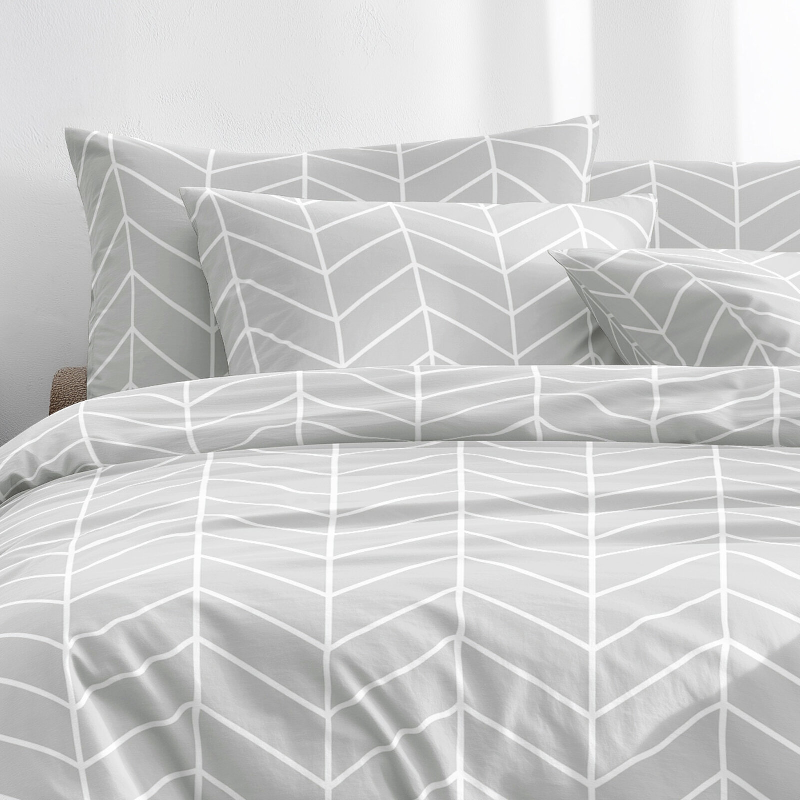 Bettwäsche aus Baumwolle - Weißer Zickzack auf Grau