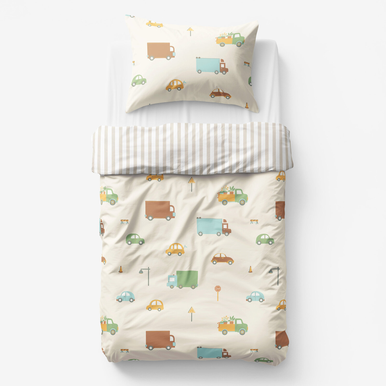 Kinder-Bettwäsche aus Baumwolle - Welt der Autos mit latte Streifen