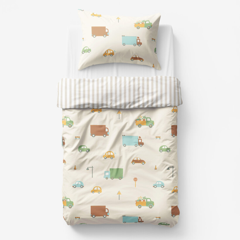 Kinder-Bettwäsche aus Baumwolle - Welt der Autos mit latte Streifen