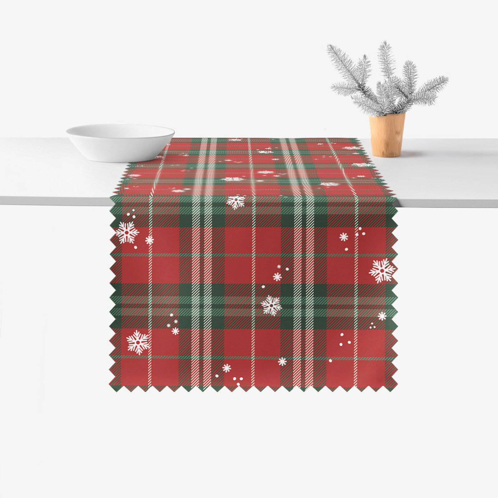 Weihnachtlicher Teflon-Tischläufer - Rotkariert mit Schneeflocken