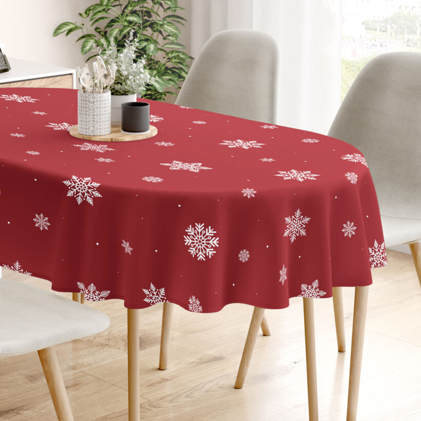 Ovale Weihnachts-Tischdecke aus 100% Baumwolle - Schneeflocken auf Rot