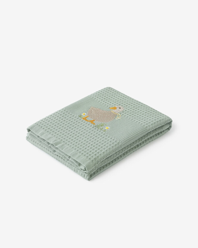 Ostern Waffel-Geschirrtuch mit Stickerei - Ente auf Salbeigrün