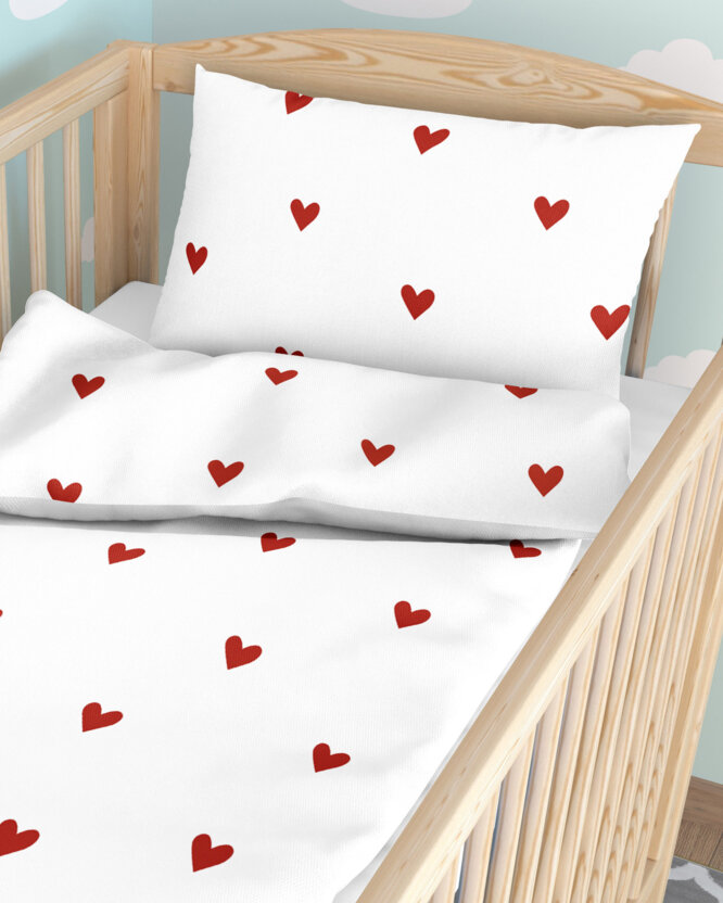 Bettwäsche für Babybetten aus Baumwolle - Rote Herzchen auf Weiß