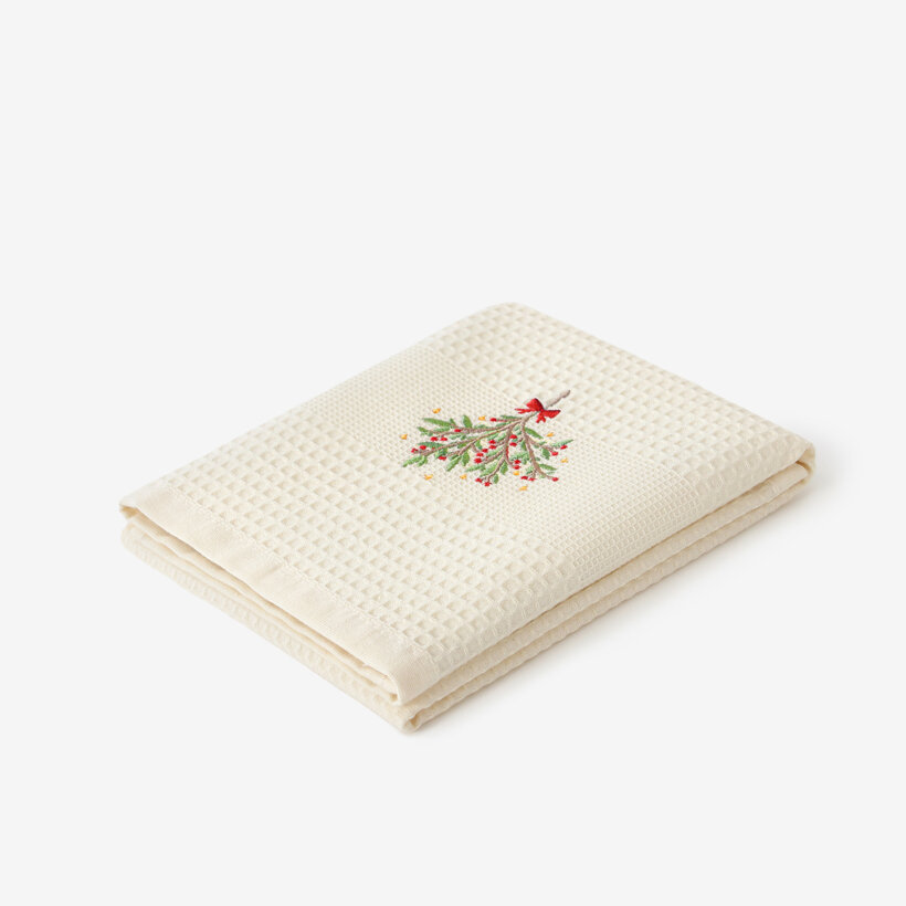 Waffel-Geschirrtuch mit Weihnachtsstickerei - Mistel auf cremefarbenem Grund