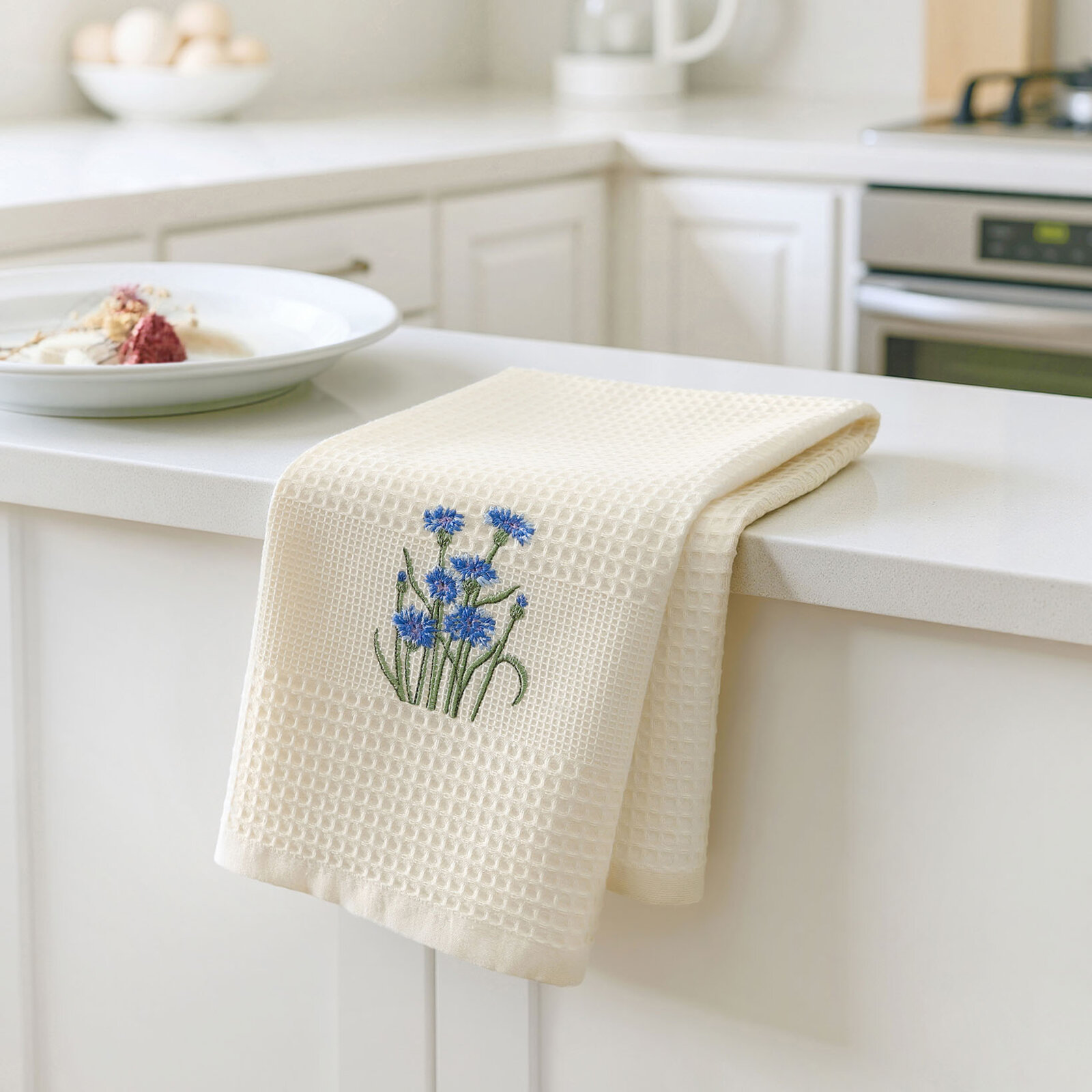 Waffel-Geschirrtuch mit Stickerei - Kornblumen auf Creme