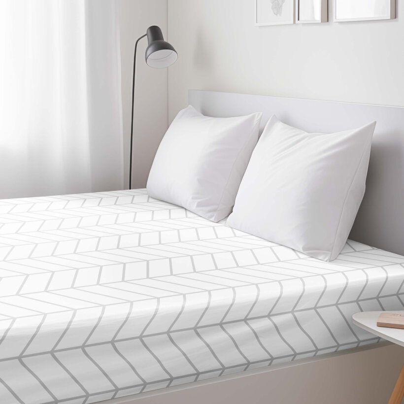 Spannbettlaken aus Baumwolle - Zickzack auf Weiß