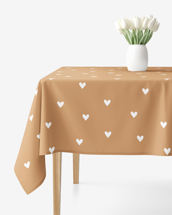 Eckige Tischdecke 100% Baumwolle - Herzchen auf Herbstbraun