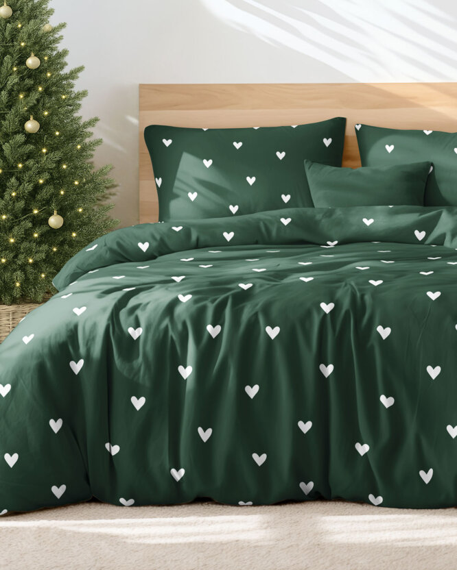 Weihnachtlich Bettwäsche aus Baumwolle - Herzchen auf Dunkelgrün