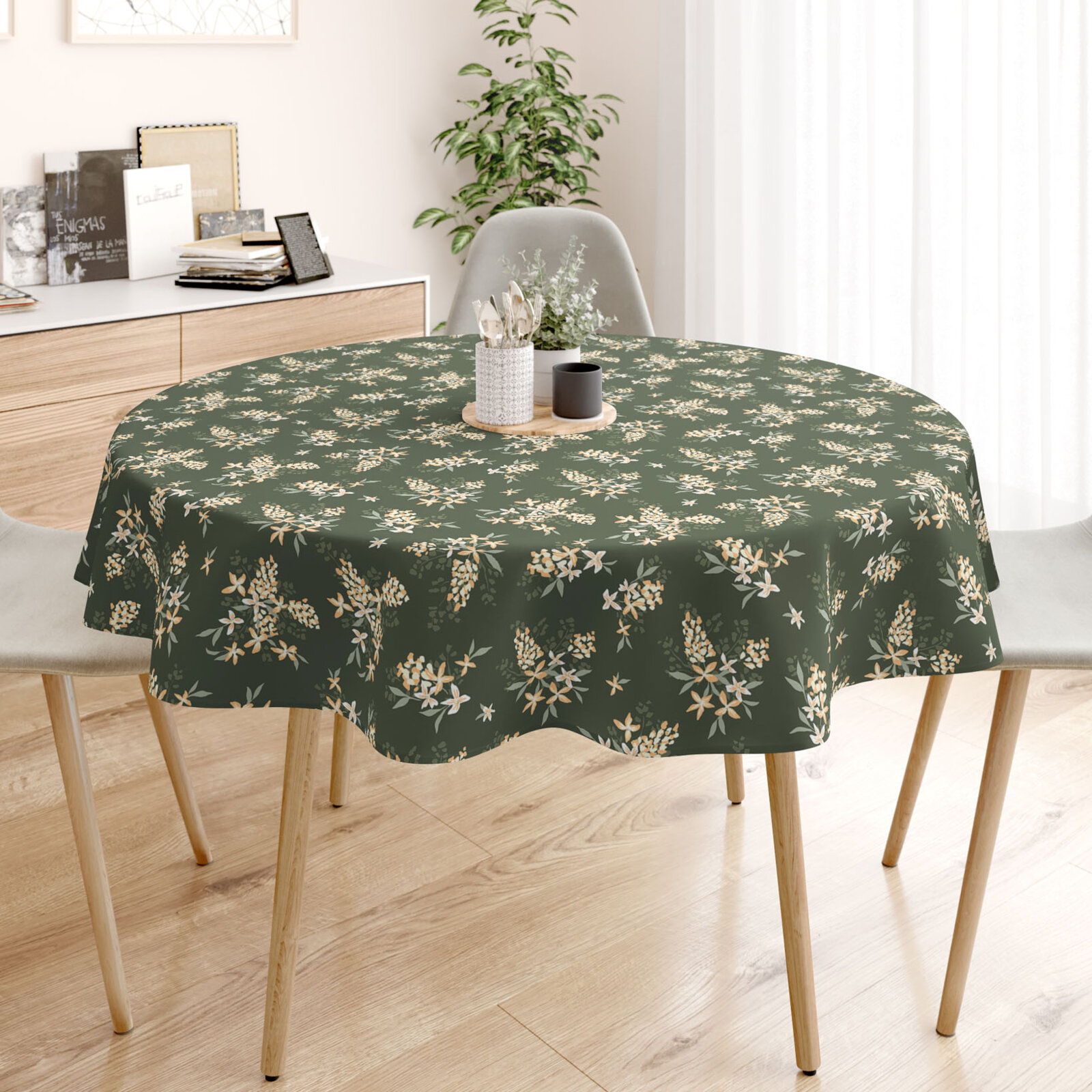 Runde Tischdecke 100% Baumwolle - apricotfarbene Blumen