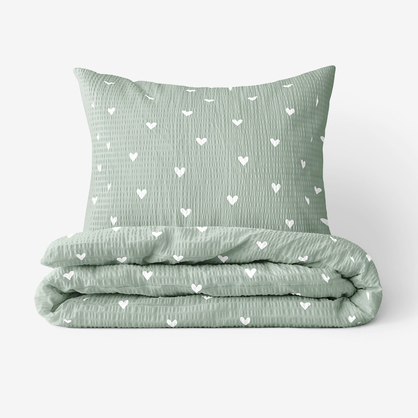 Seersucker Bettwäsche - Herzchen auf Salbeigrün