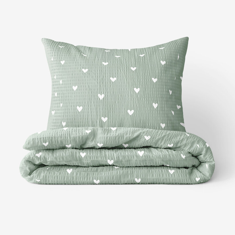 Seersucker Bettwäsche - Herzchen auf Salbeigrün