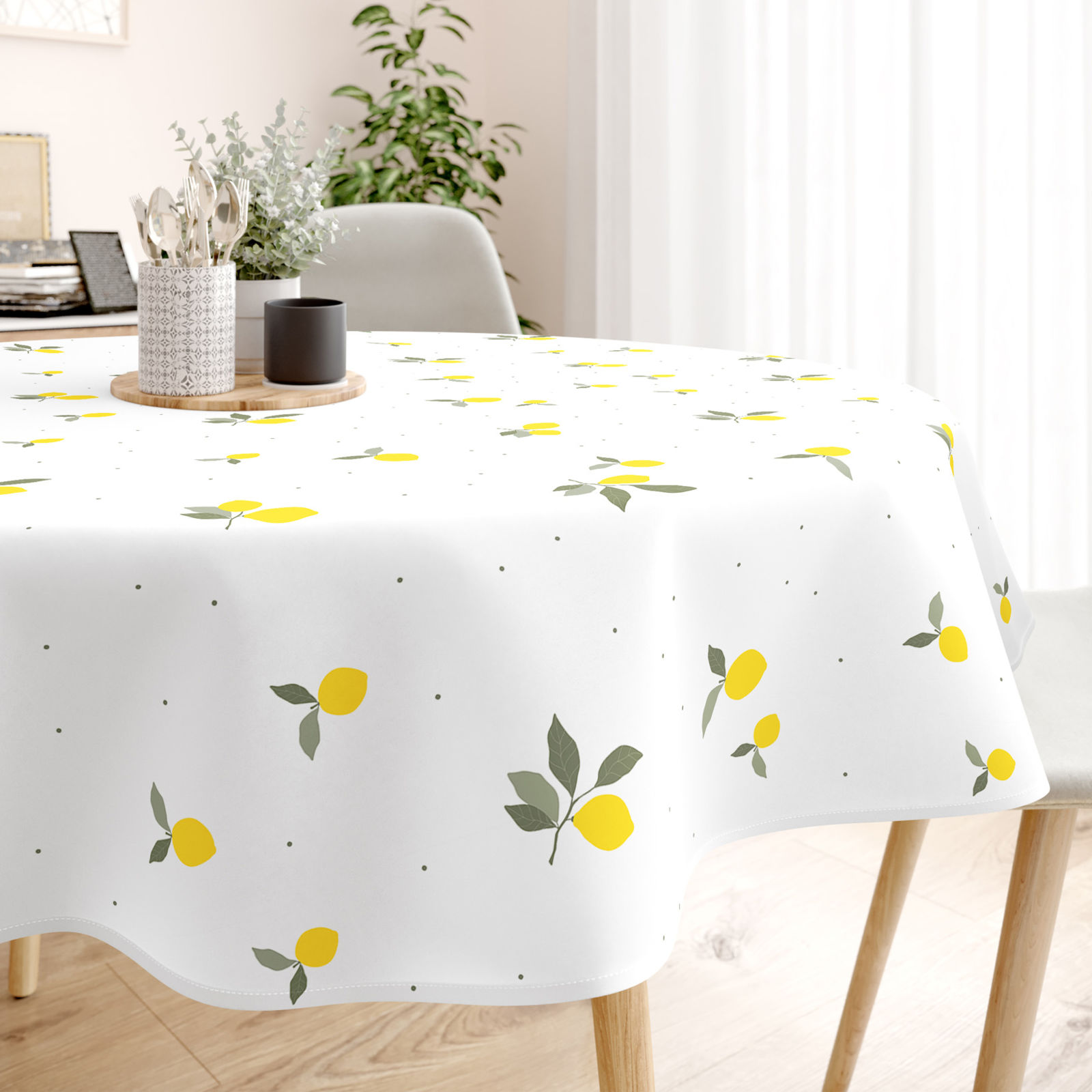 Runde Tischdecke 100% Baumwolle - Zitronen