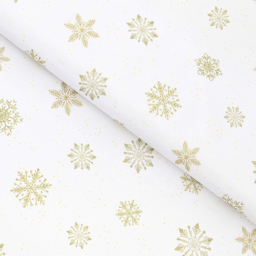 Weihnachtlicher Teflonstoff für Tischdecken – Goldene Schneeflocken