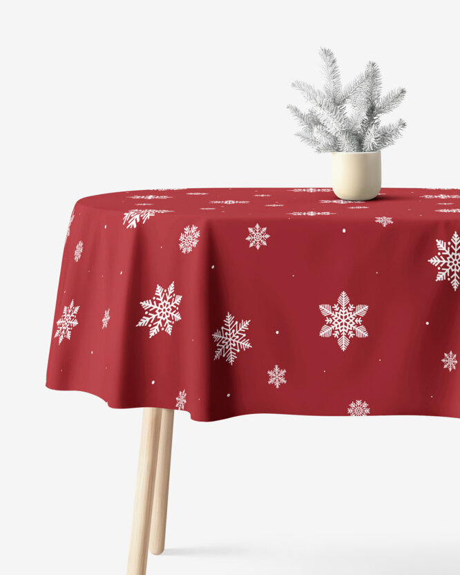 Ovale Weihnachts-Tischdecke aus 100% Baumwolle - Schneeflocken auf Rot