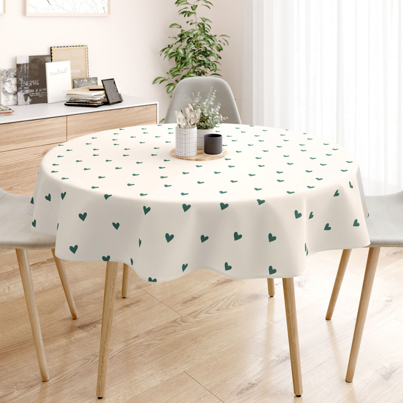 Runde Tischdecke 100% Baumwolle - Herzchen auf Elfenbein