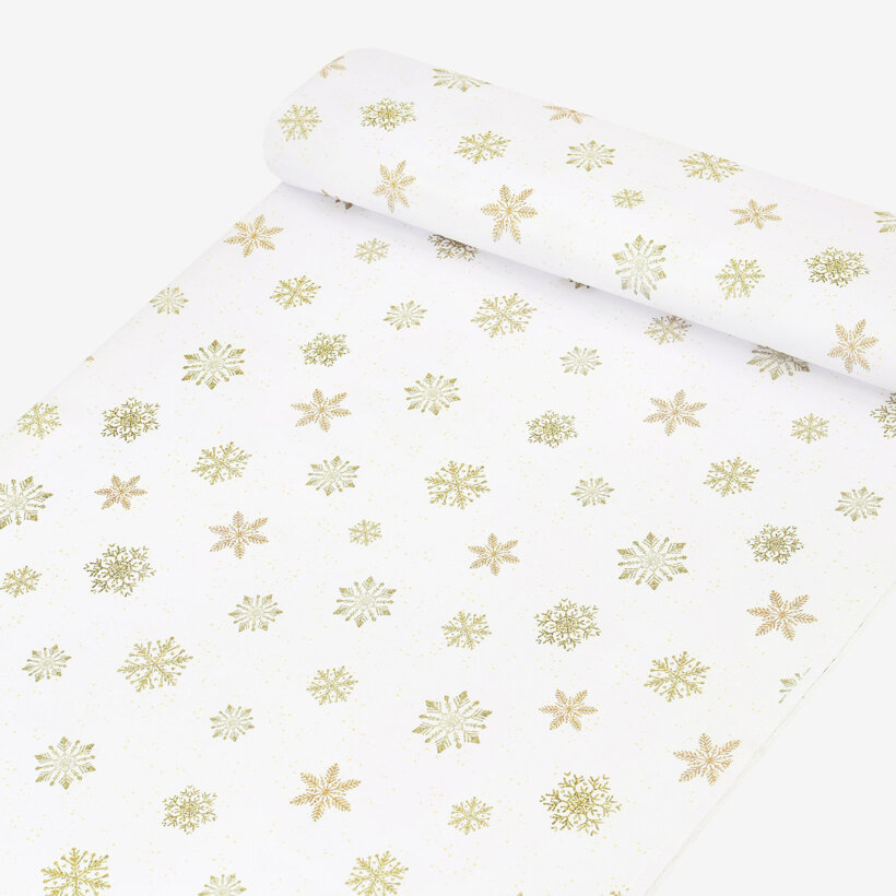 Weihnachtlicher Teflonstoff für Tischdecken – Goldene Schneeflocken
