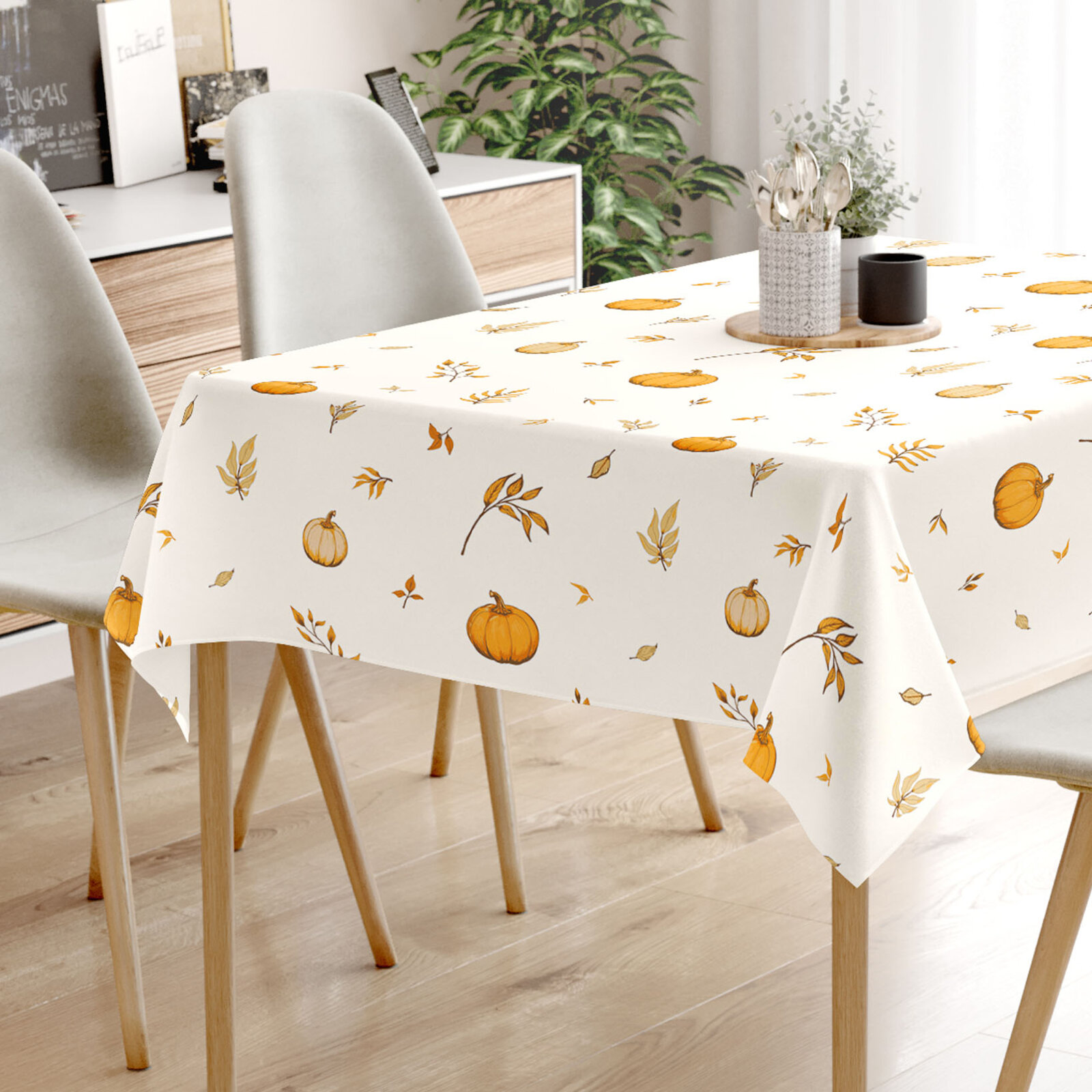 Eckige Tischdecke 100% Baumwolle - Herbstkürbisse und Blätter