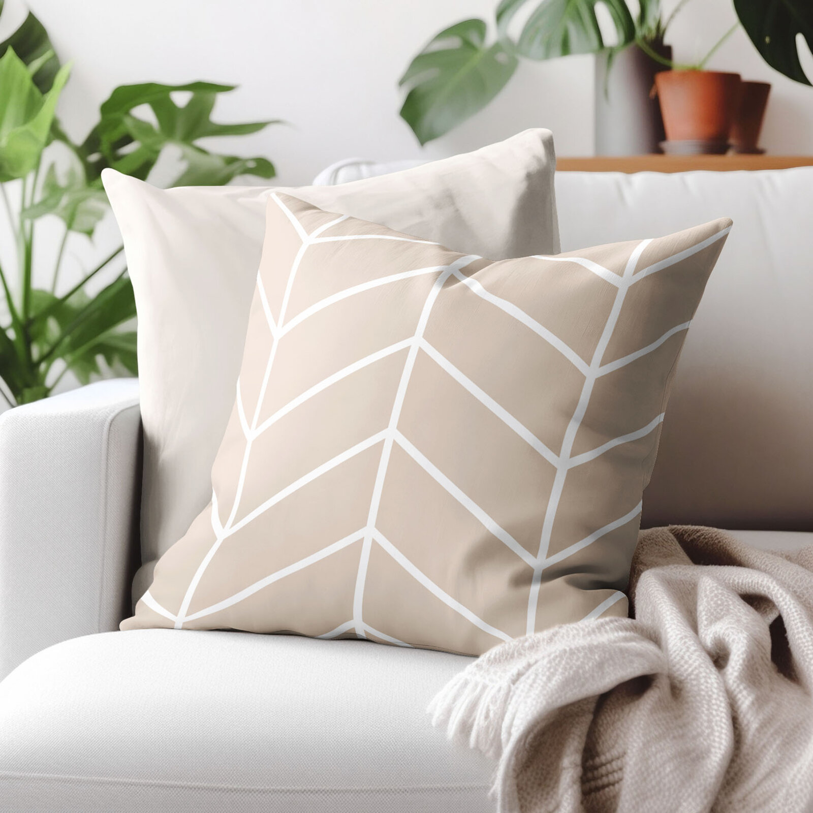 Kissenbezug aus Baumwolle - Weißer Zickzack auf Beige