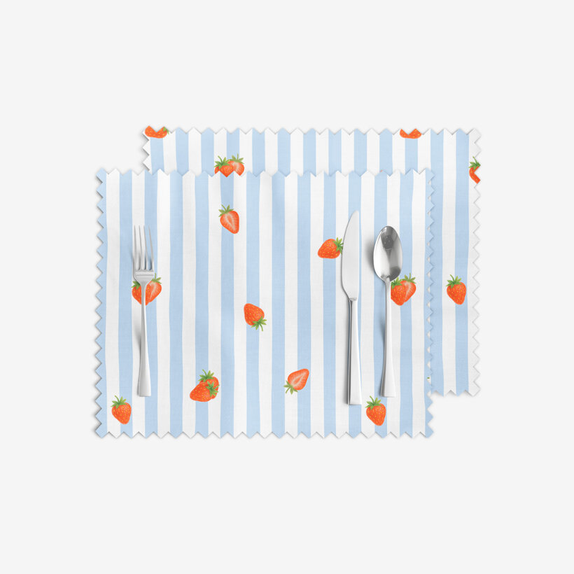 Tischset Teflon - blaue Streifen mit Erdbeeren - 2 Stück