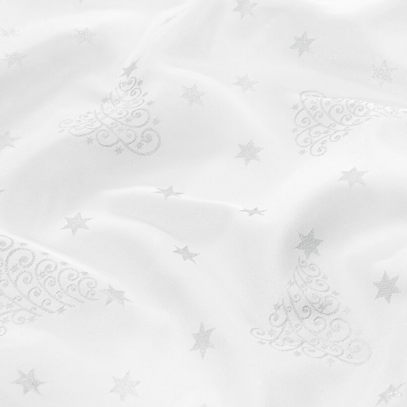 Weihnachtlicher Teflonstoff für Tischdecken – Silberne Tannenbäume und Sterne