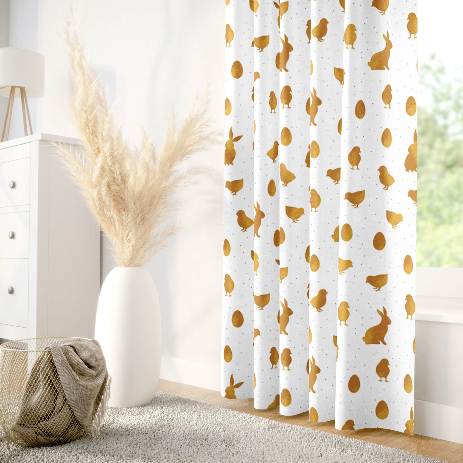 Vorhang aus fester Baumwolle für Ostern - goldene Symbole für Ostern-