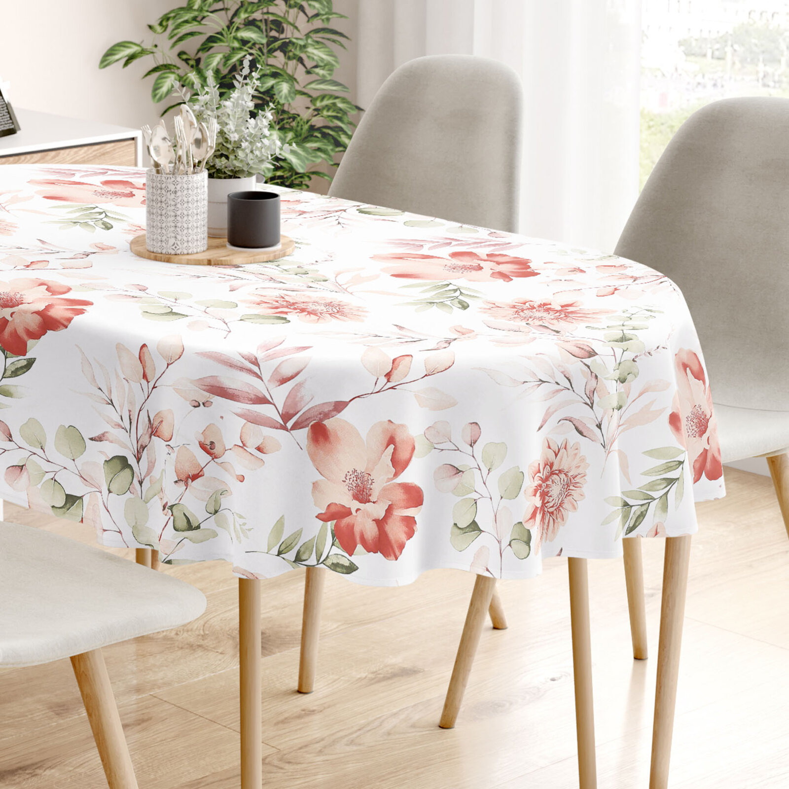 Ovale Tischdecke aus 100% Baumwolle Deluxe - aquarelle Blumen