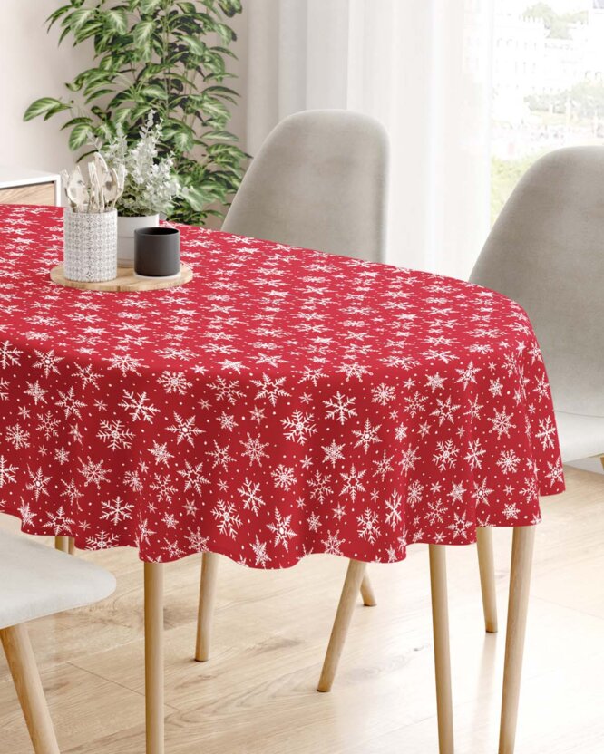 Ovale Weihnachts-Tischdecke Valencia – Weiße Flocken auf Rot