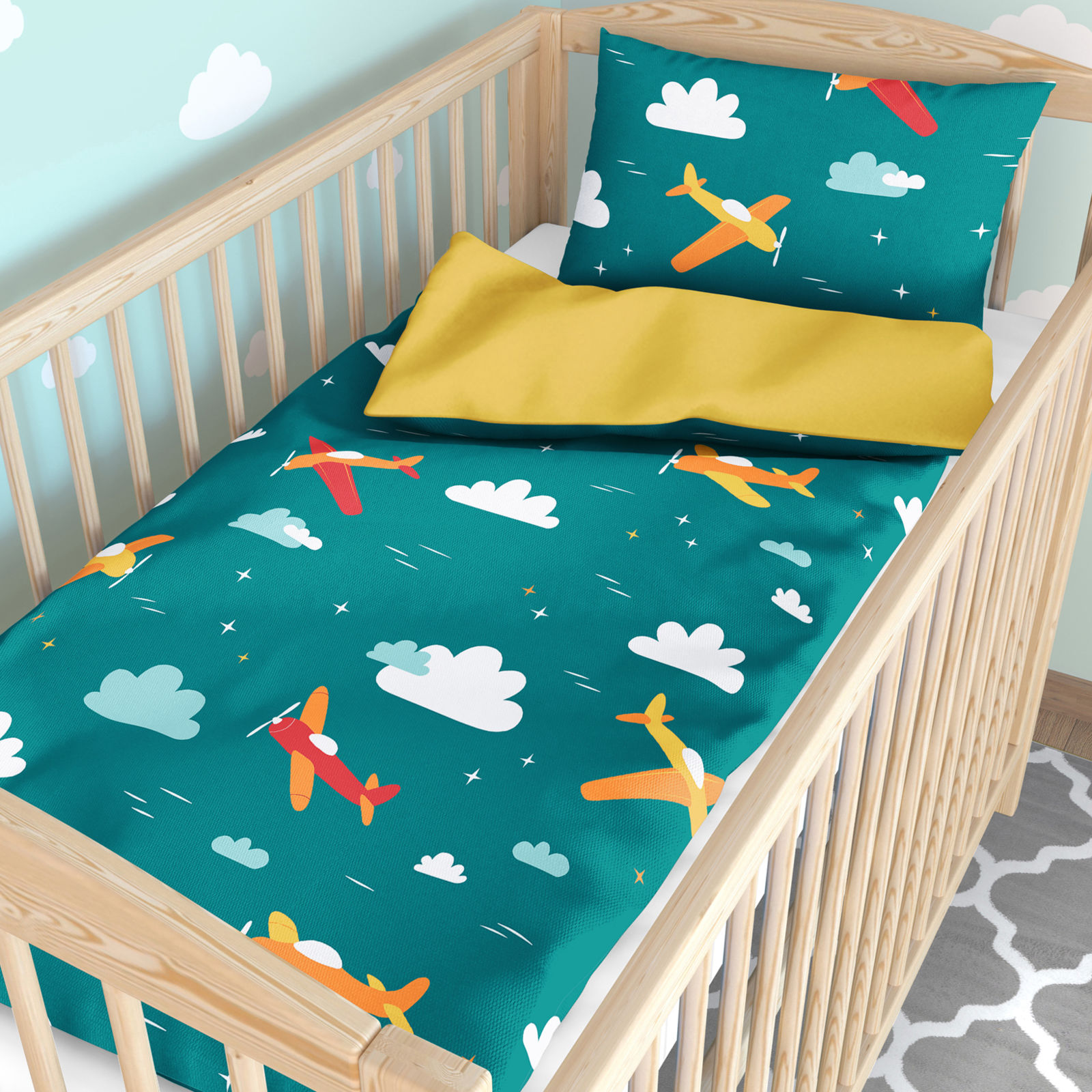 Bettwäsche für Babybetten aus Baumwolle Duo - Abenteuer in der Luft mit Honiggelb