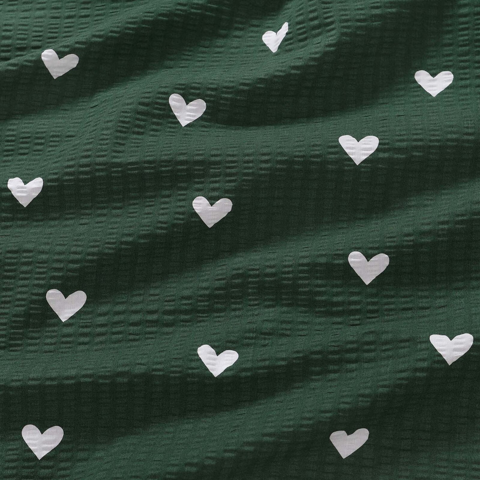 Weihnachtlicher Seersucker - Herzchen auf Dunkelgrün