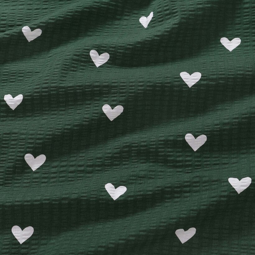 Weihnachtlicher Seersucker - Herzchen auf Dunkelgrün
