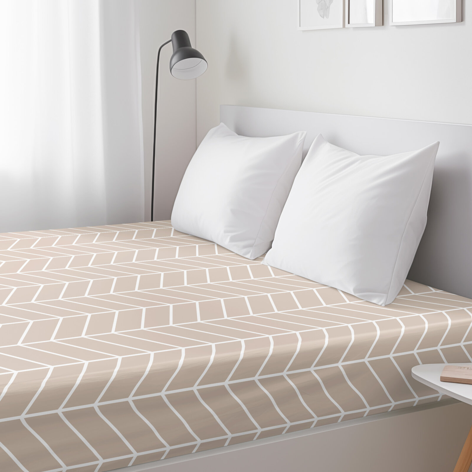 Spannbettlaken aus Baumwolle - Weißer Zickzack auf Beige