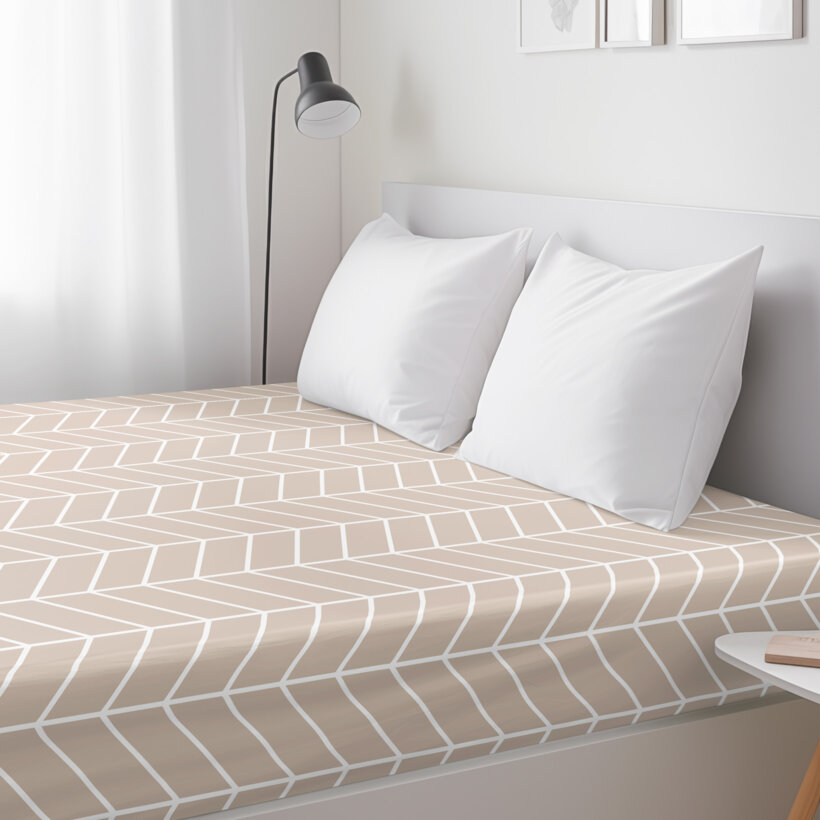 Spannbettlaken aus Baumwolle - Weißer Zickzack auf Beige