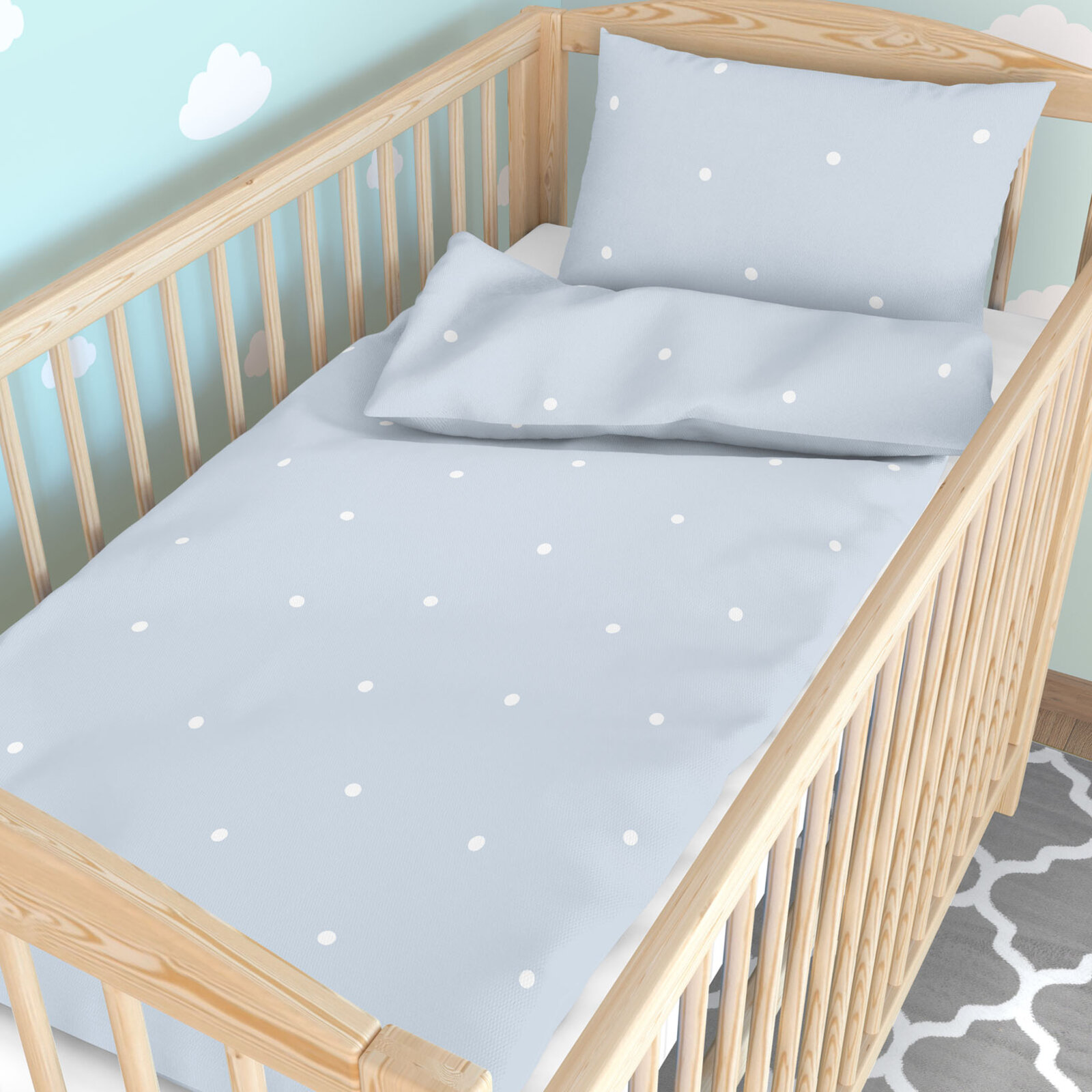 Bettwäsche für Babybetten aus Baumwolle - Pünktchen auf Himmelblau