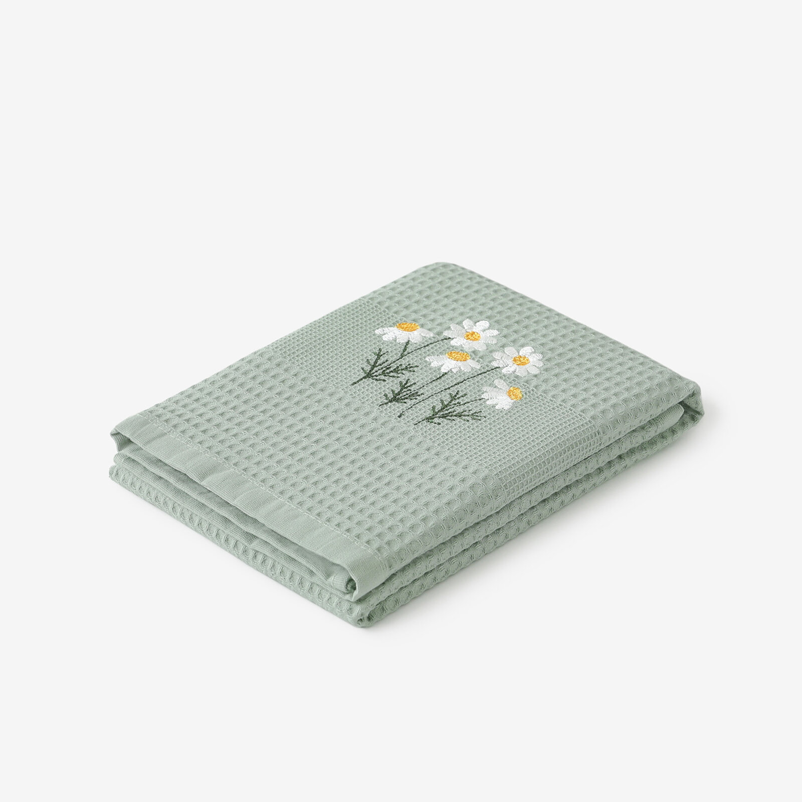 Waffel-Geschirrtuch mit Stickerei - Kamille auf Salbeigrün