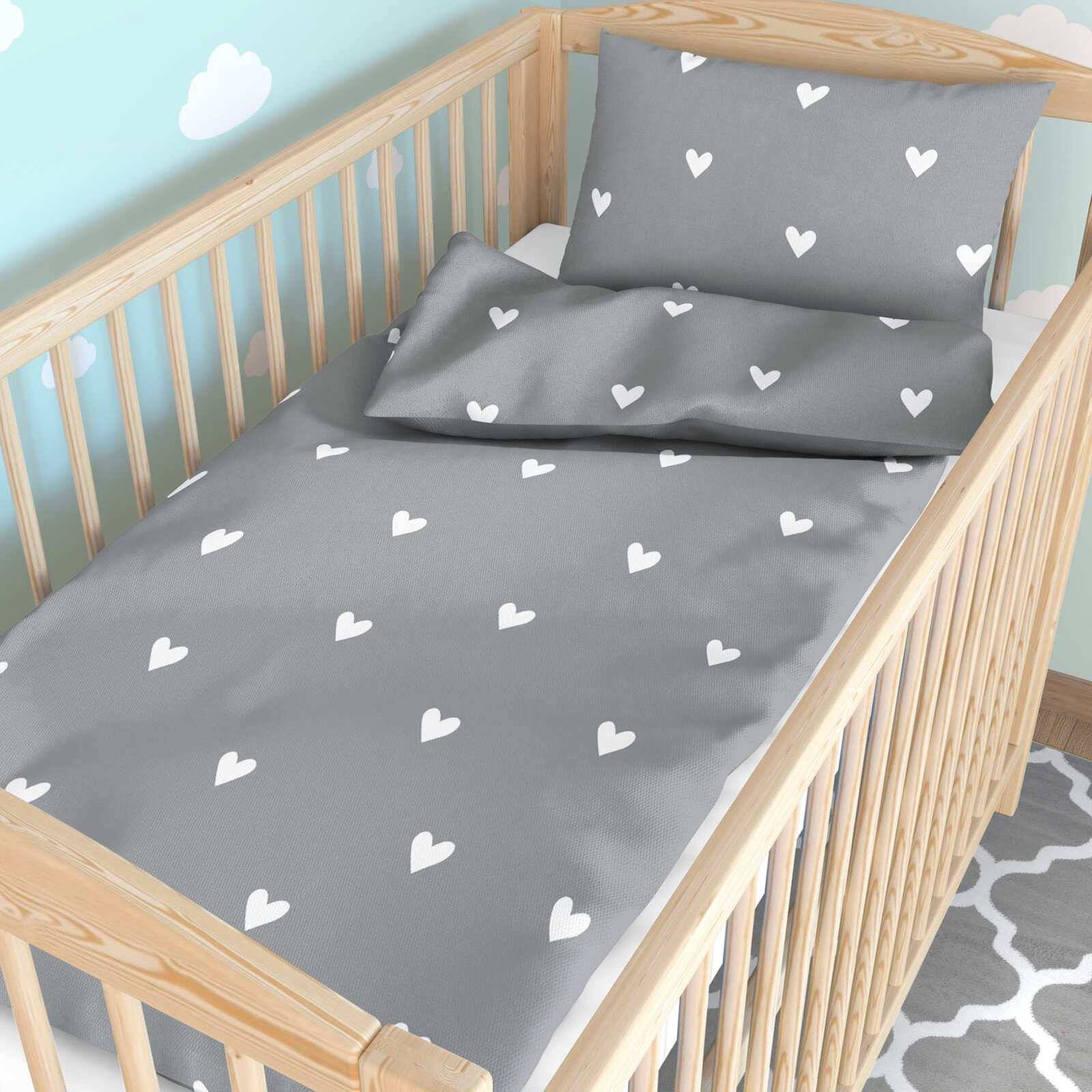 Bettwäsche für Babybetten aus Baumwolle - Herzchen auf Grau
