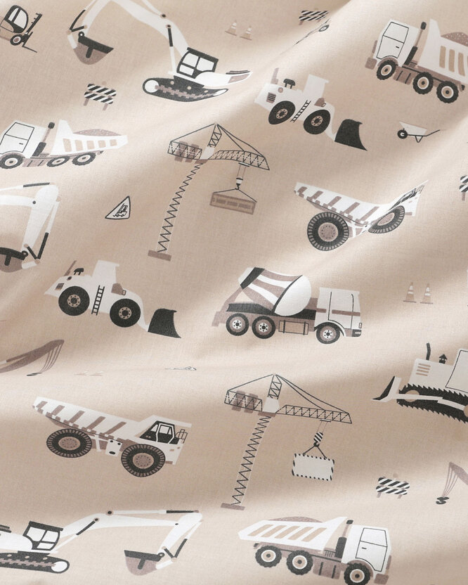 Baumwollstoff - Lastwagen und Bagger auf Beige