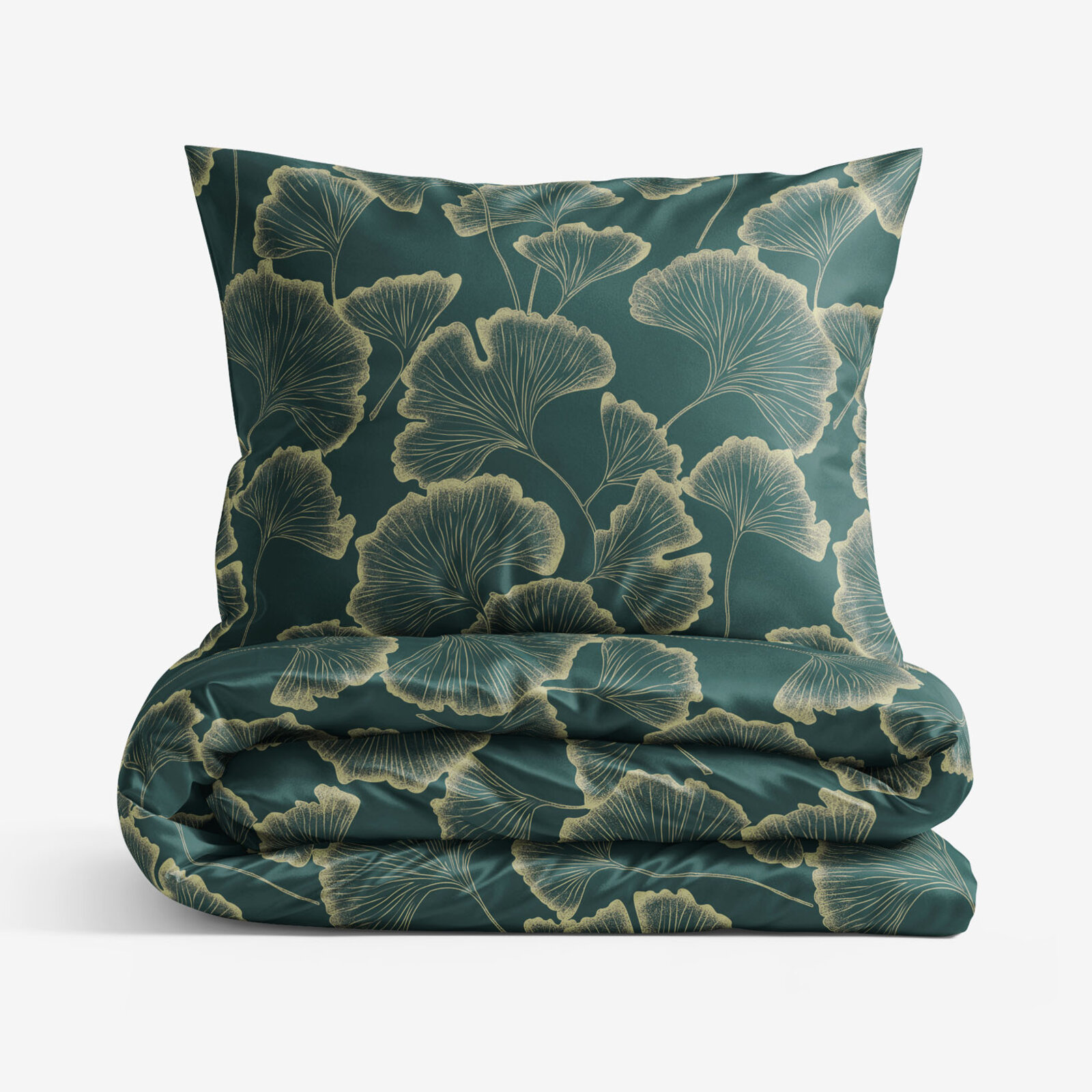 Bettwäsche aus Mako-Satin - Ginkgoblätter auf Dunkelgrün