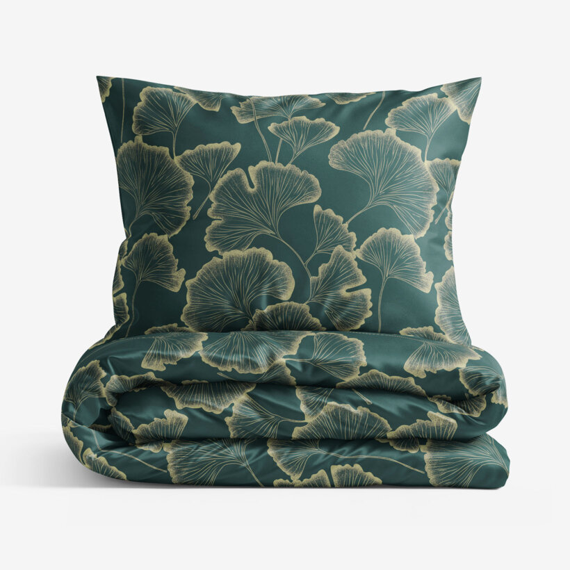 Bettwäsche aus Mako-Satin - Ginkgoblätter auf Dunkelgrün