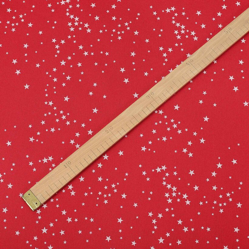Dekorativer Stoff Valencia - Weihnachtssterne auf rotem Hintergrund